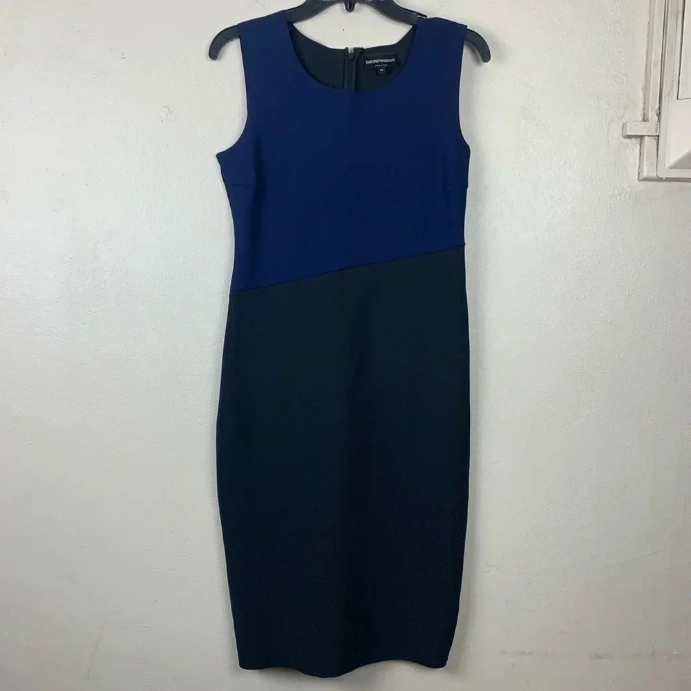 Emporio Armani Dress Black Blue Fitted Career Sleeveless Color block 42 Midi